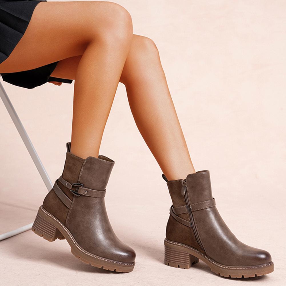 Women's Biker Ankle Boots with Buckle Strap
