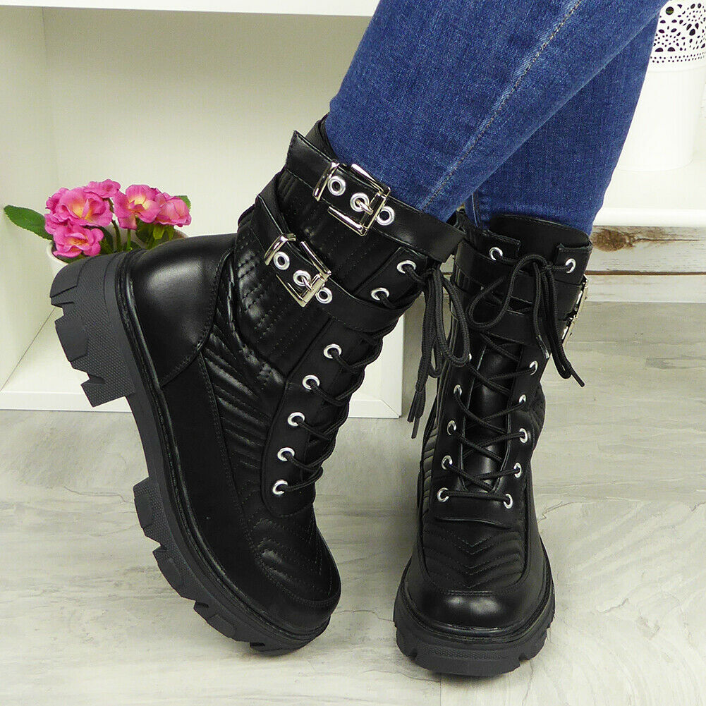 ZAINA Black Buckle Goth Lace Up Boots