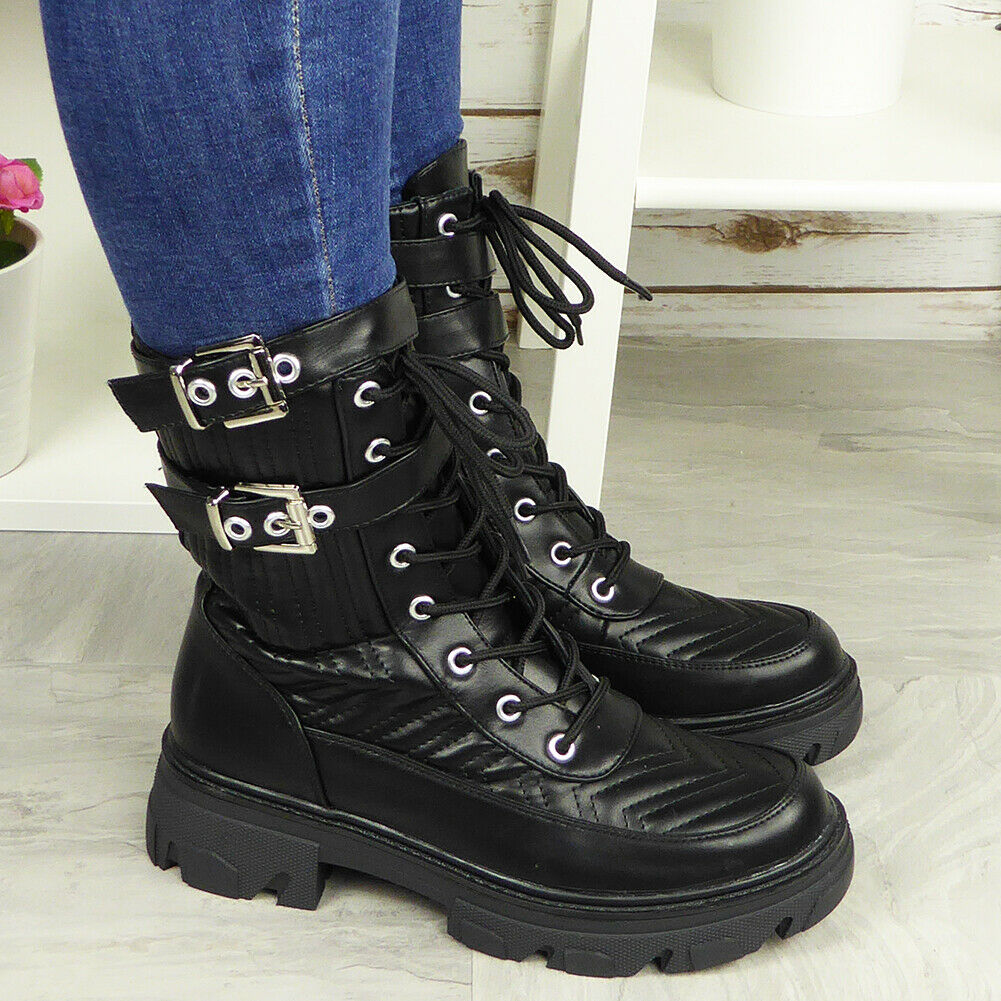 ZAINA Black Buckle Goth Lace Up Boots