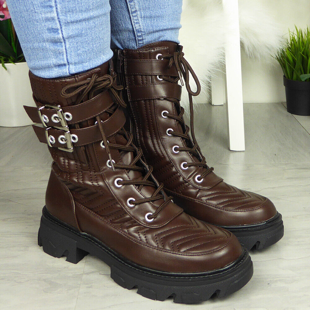 ZAINA Brown Buckle Goth Lace Up Boots