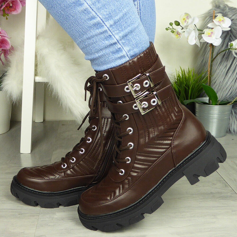 ZAINA Brown Buckle Goth Lace Up Boots