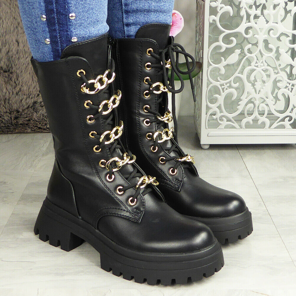 KAILIA Black Chain Mid Calf Army Boots