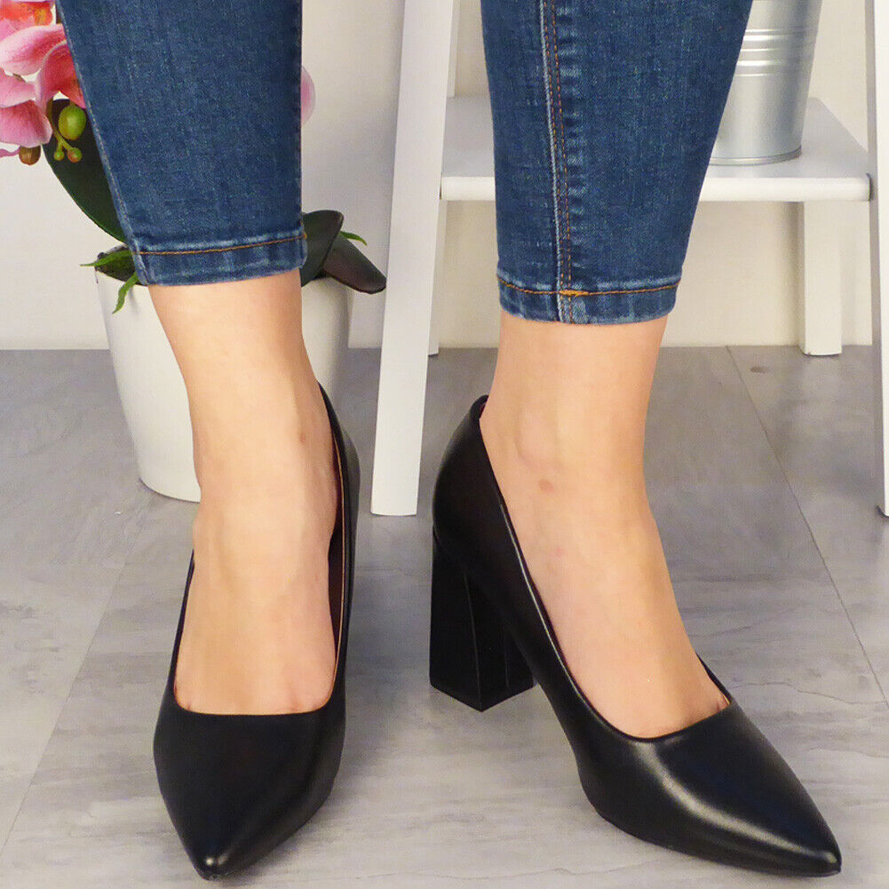 ATIYA Black Court Block Heel Office Shoes