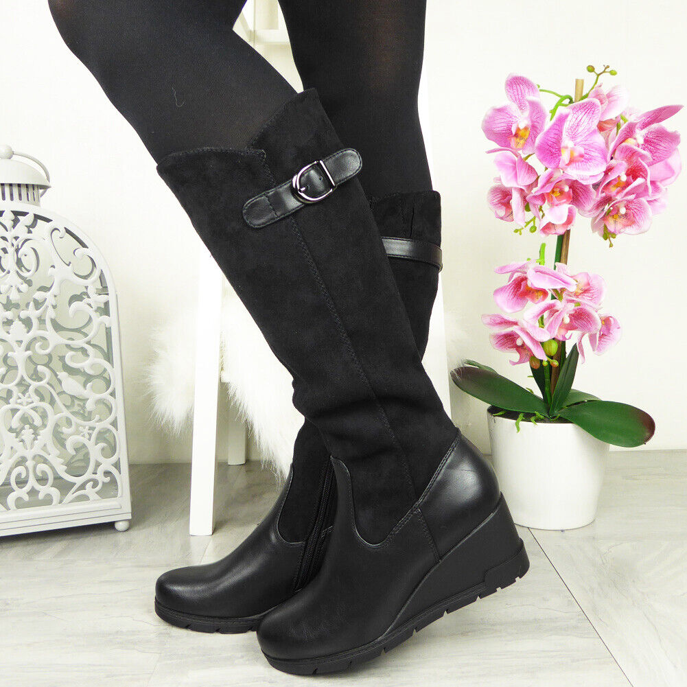 YURSHI Black Mid Calf Wedge Buckle Zip Boots
