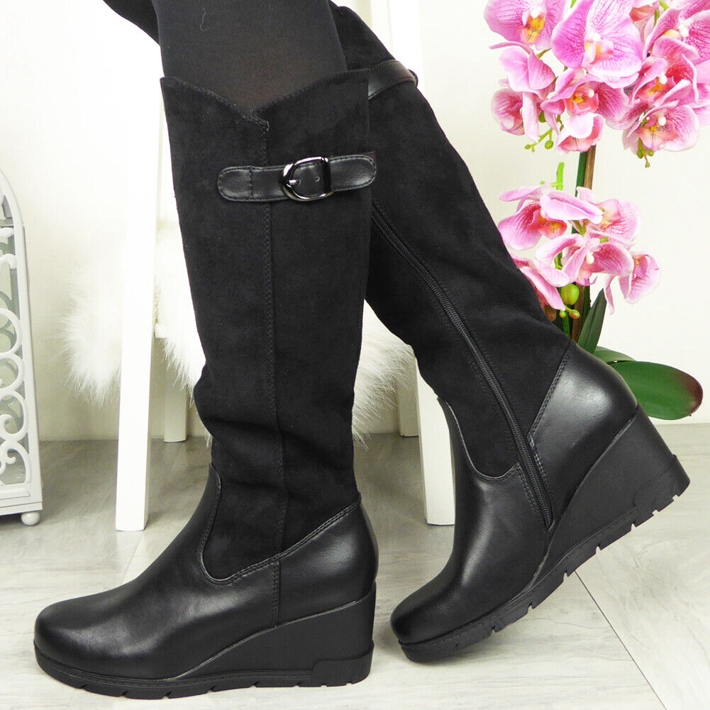 YURSHI Black Mid Calf Wedge Buckle Zip Boots