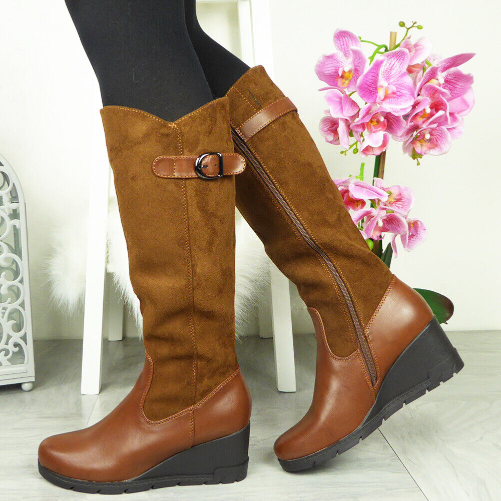 YURSHI Brown Mid Calf Wedge Buckle Zip Boots