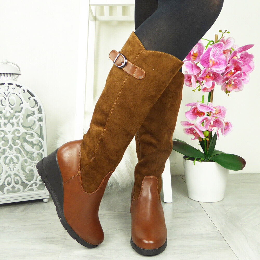 YURSHI Brown Mid Calf Wedge Buckle Zip Boots