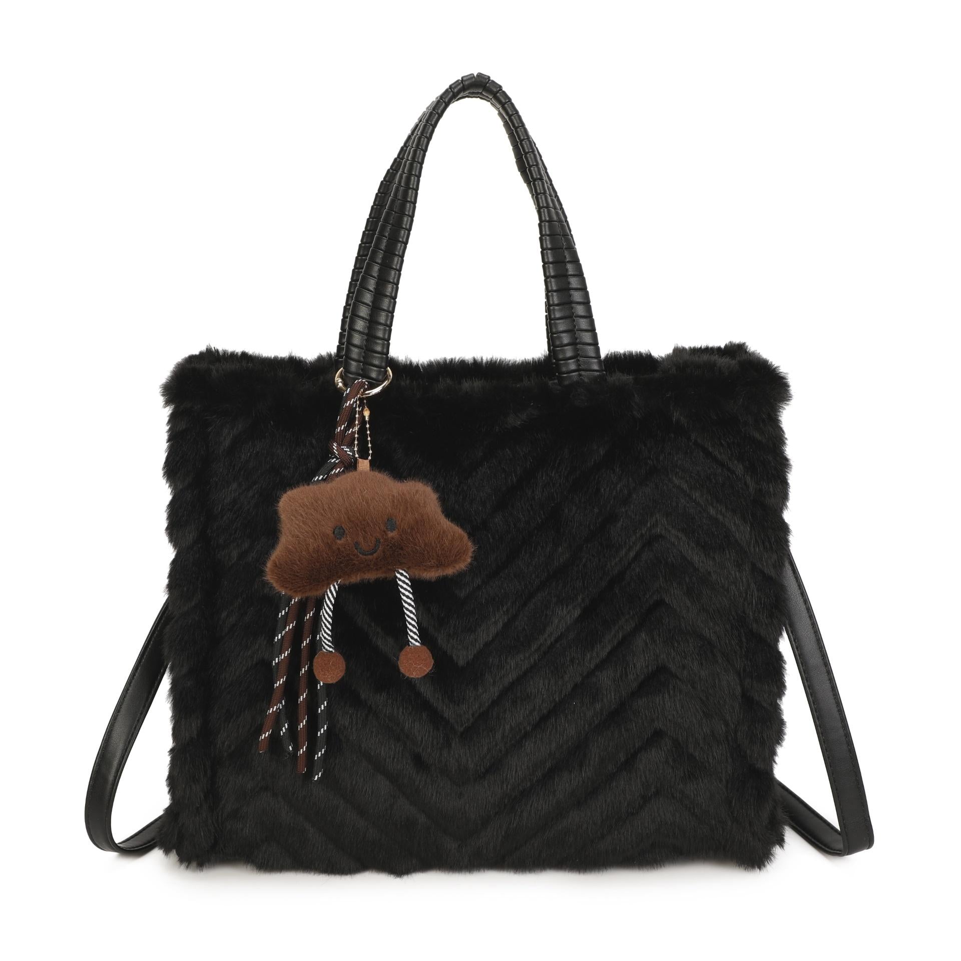 Women’s Plush Chevron Tote Bag – Fluffy Autumn Winter Handbag