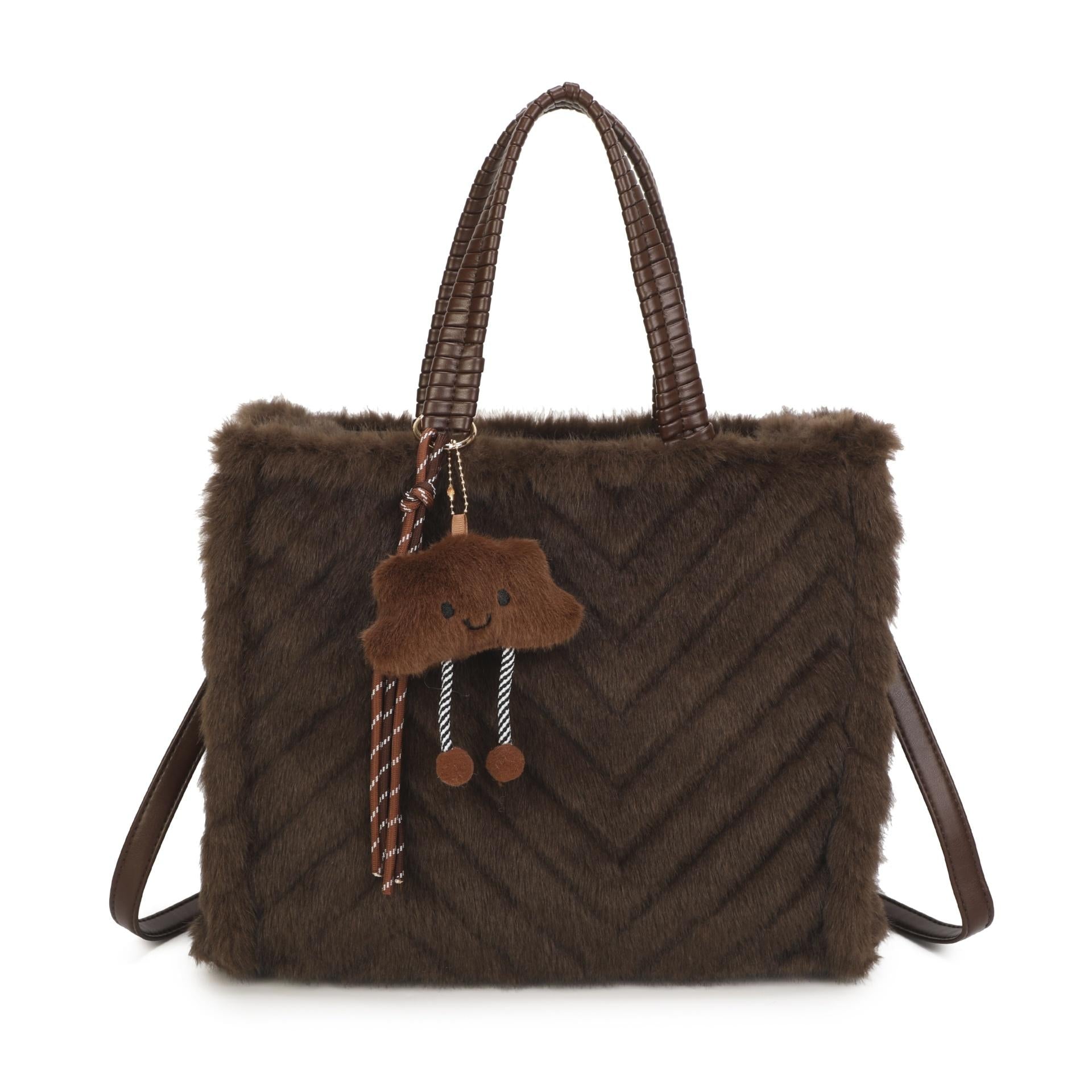 Women’s Plush Chevron Tote Bag – Fluffy Autumn Winter Handbag