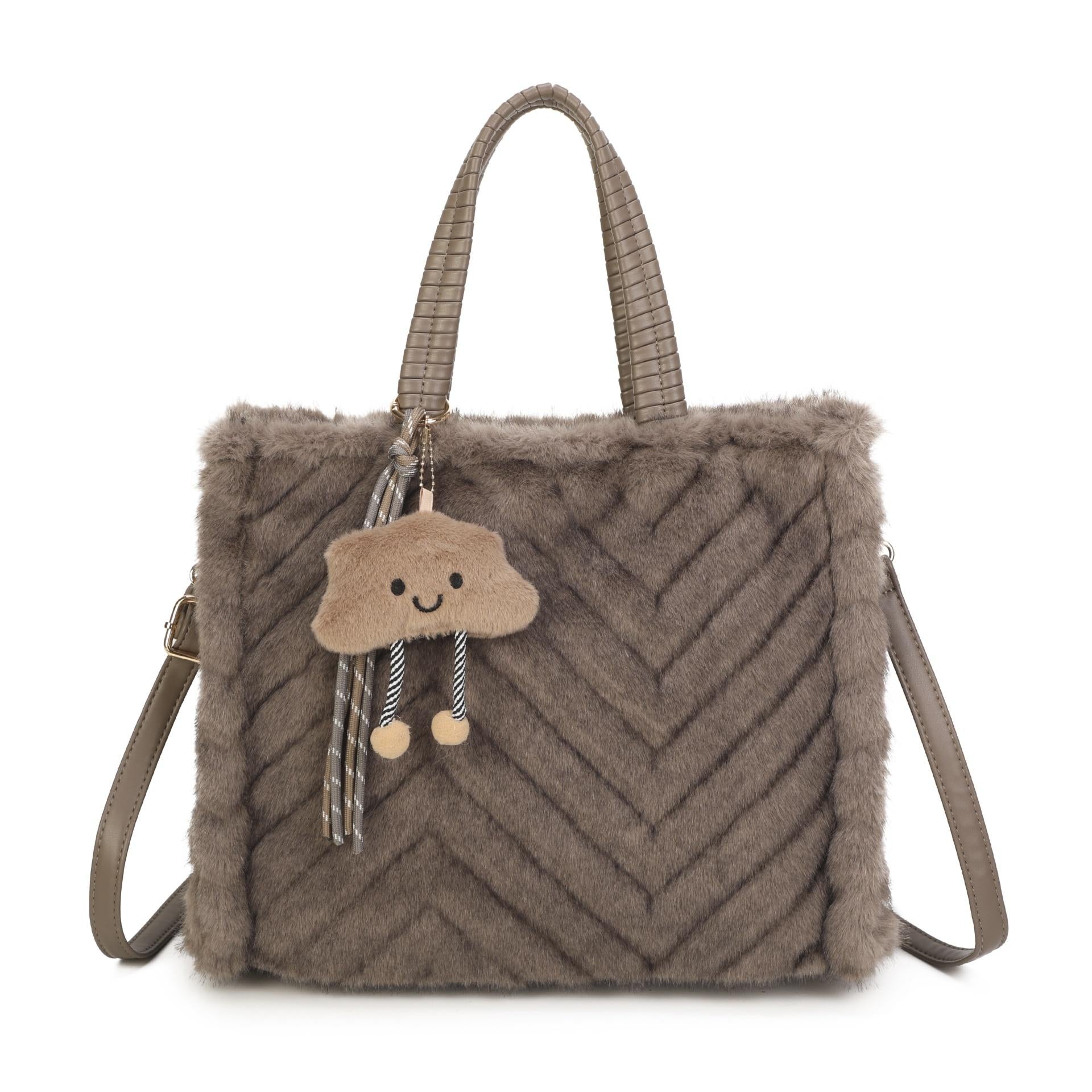 Women’s Plush Chevron Tote Bag – Fluffy Autumn Winter Handbag