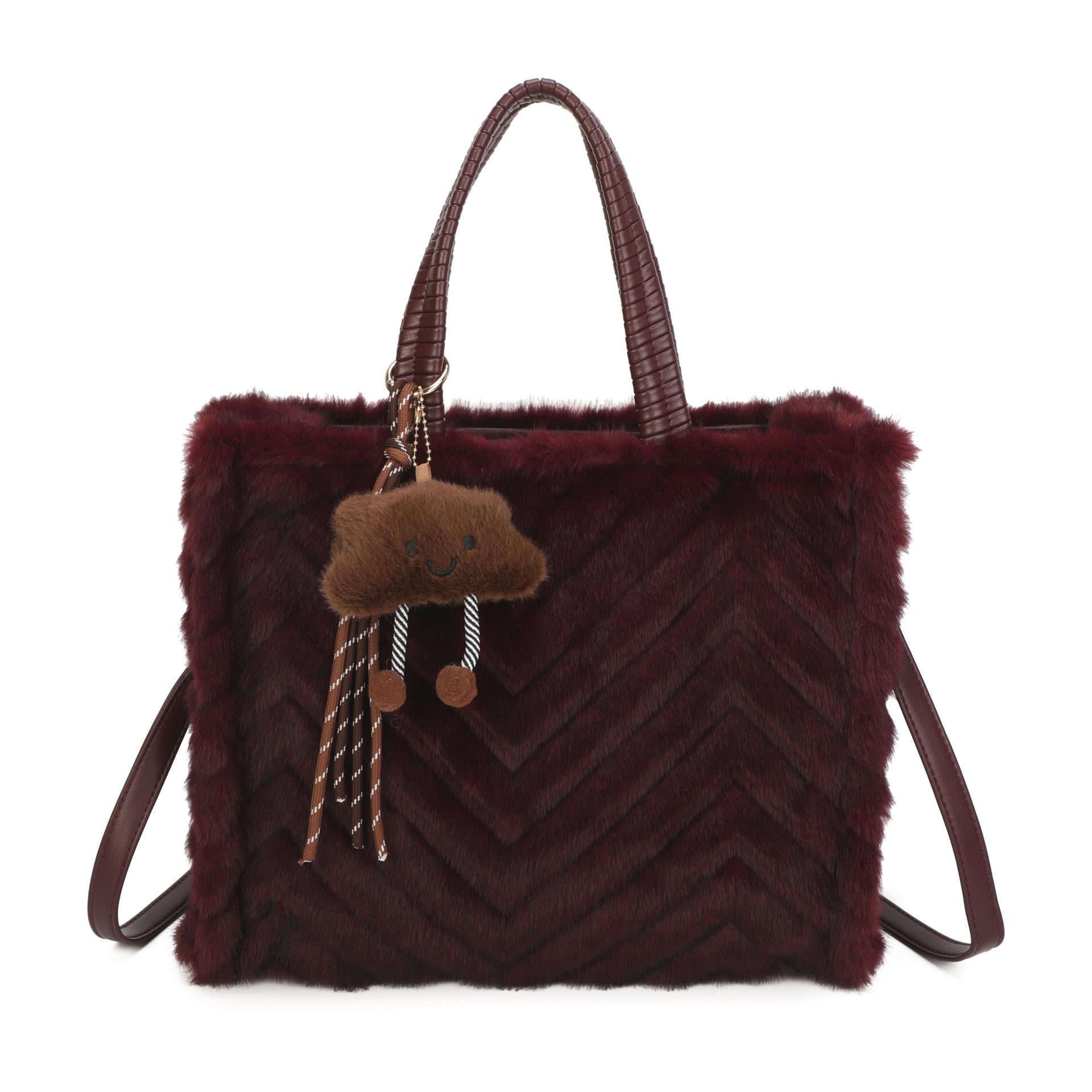 Women’s Plush Chevron Tote Bag – Fluffy Autumn Winter Handbag