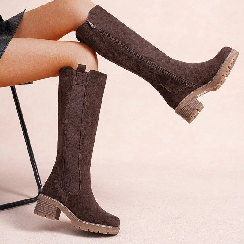 LoudLook Women's Mid-Calf Faux Suede Winter Boots – Chunky Heel Side Zip Shoes