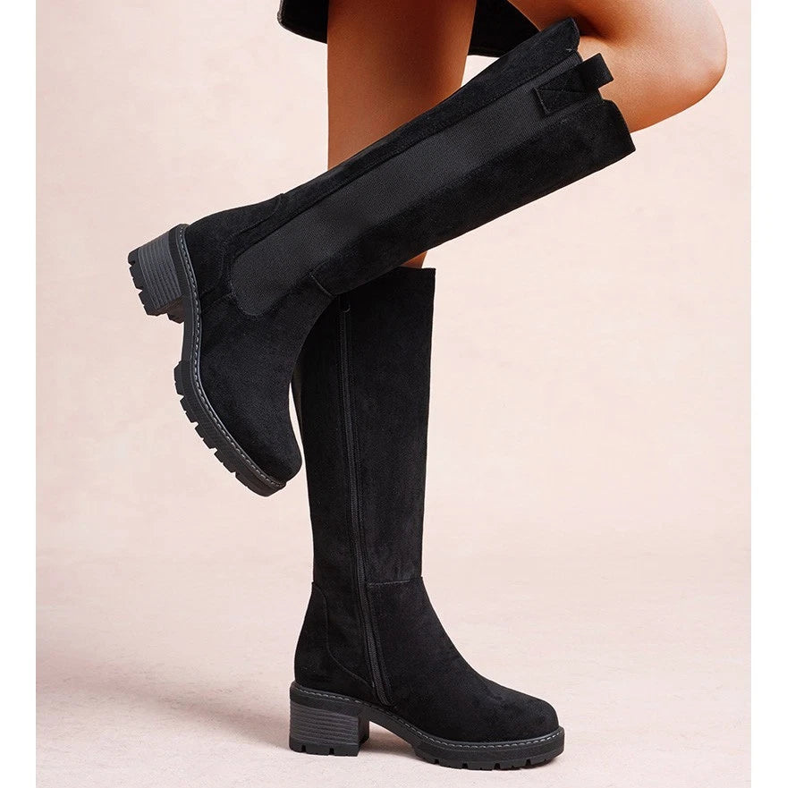 LoudLook Women's Mid-Calf Faux Suede Winter Boots – Chunky Heel Side Zip Shoes