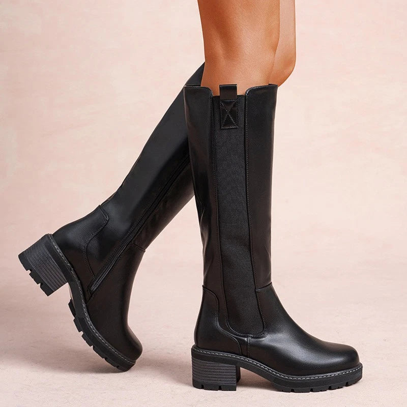 LoudLook Women's Mid-Calf Faux Suede Winter Boots – Chunky Heel Side Zip Shoes