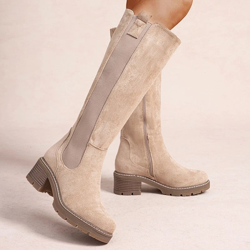 LoudLook Women's Mid-Calf Faux Suede Winter Boots – Chunky Heel Side Zip Shoes