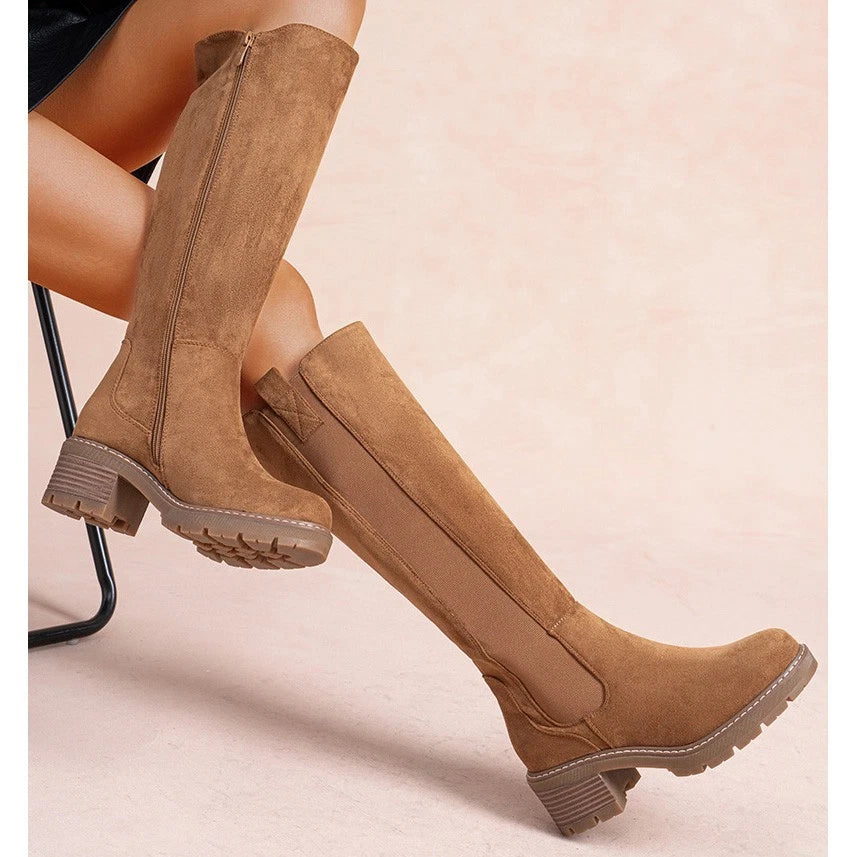 LoudLook Women's Mid-Calf Faux Suede Winter Boots – Chunky Heel Side Zip Shoes